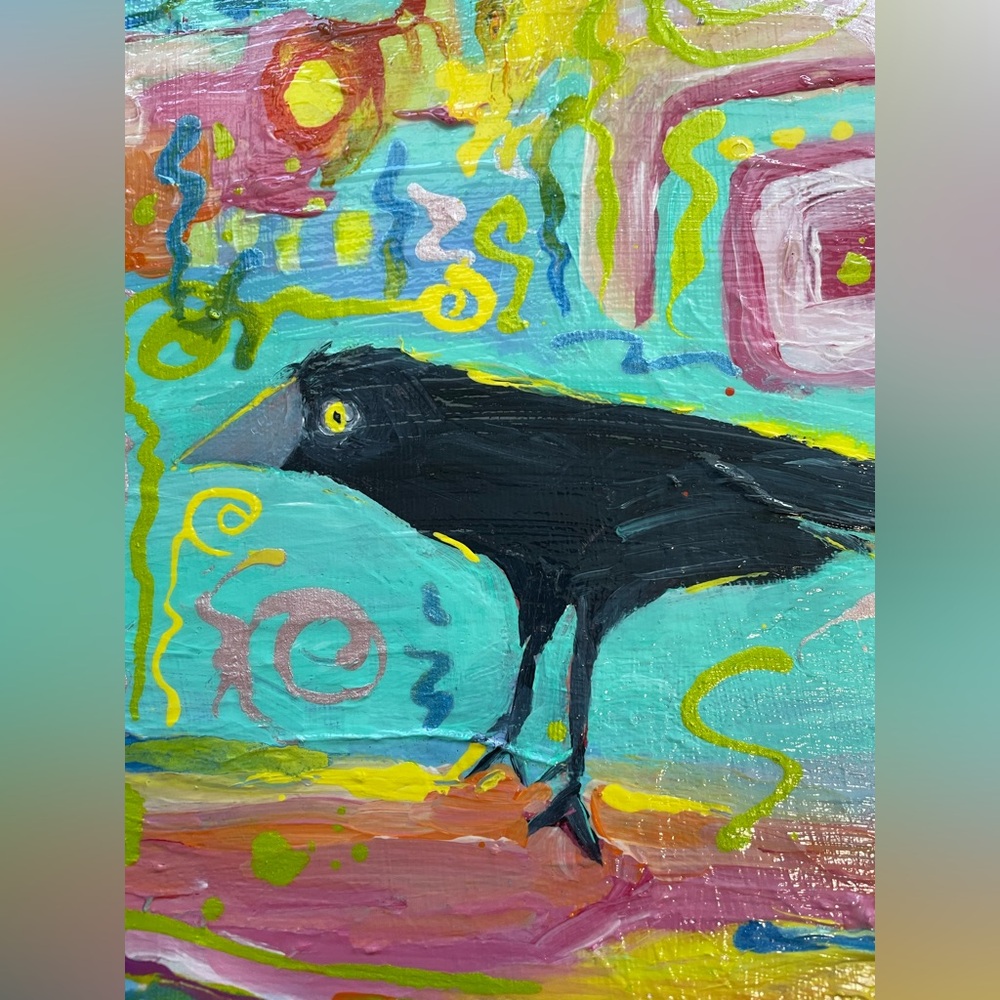 “Choose Happiness “Large Original Acrylic Painting 18”x14” With Crow - Picture 7 of 11